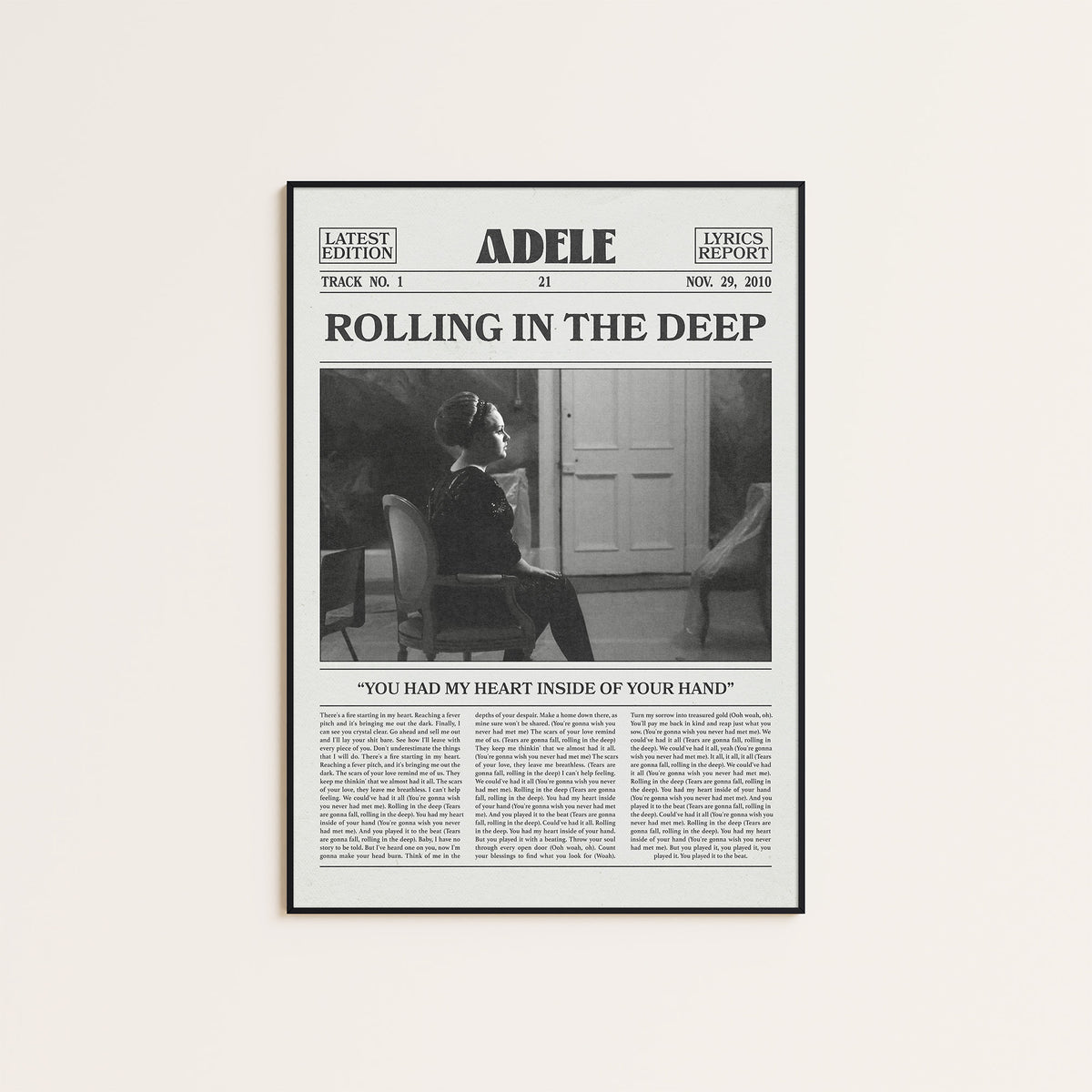Adele Rolling in the Deep newspaper poster — black frame display