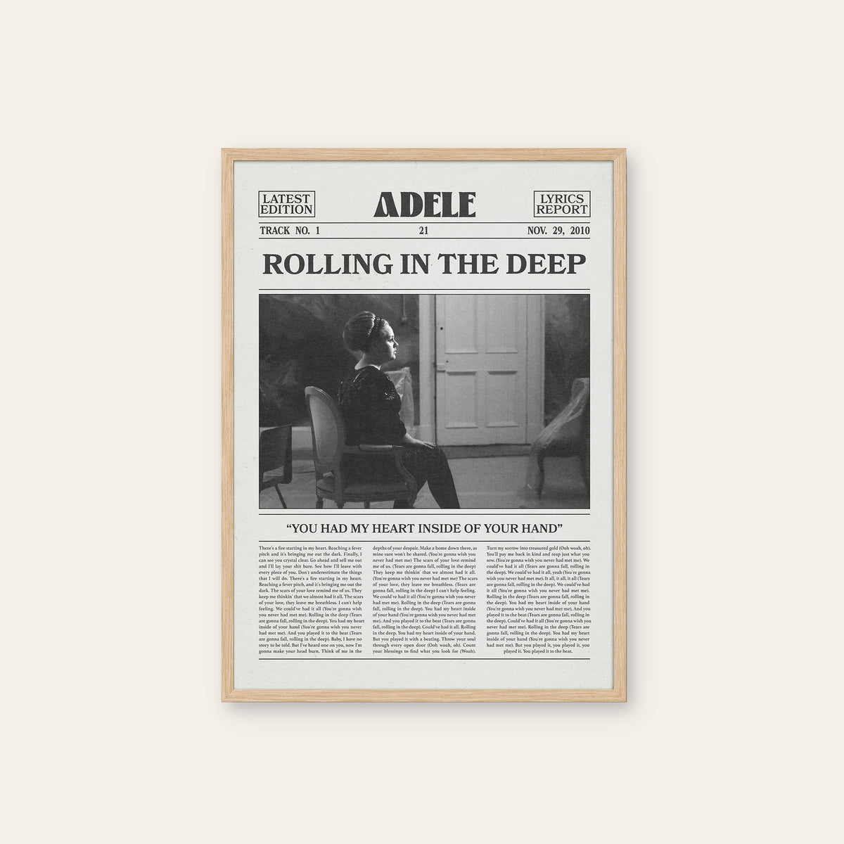 Adele Rolling in the Deep newspaper poster — natural wood frame