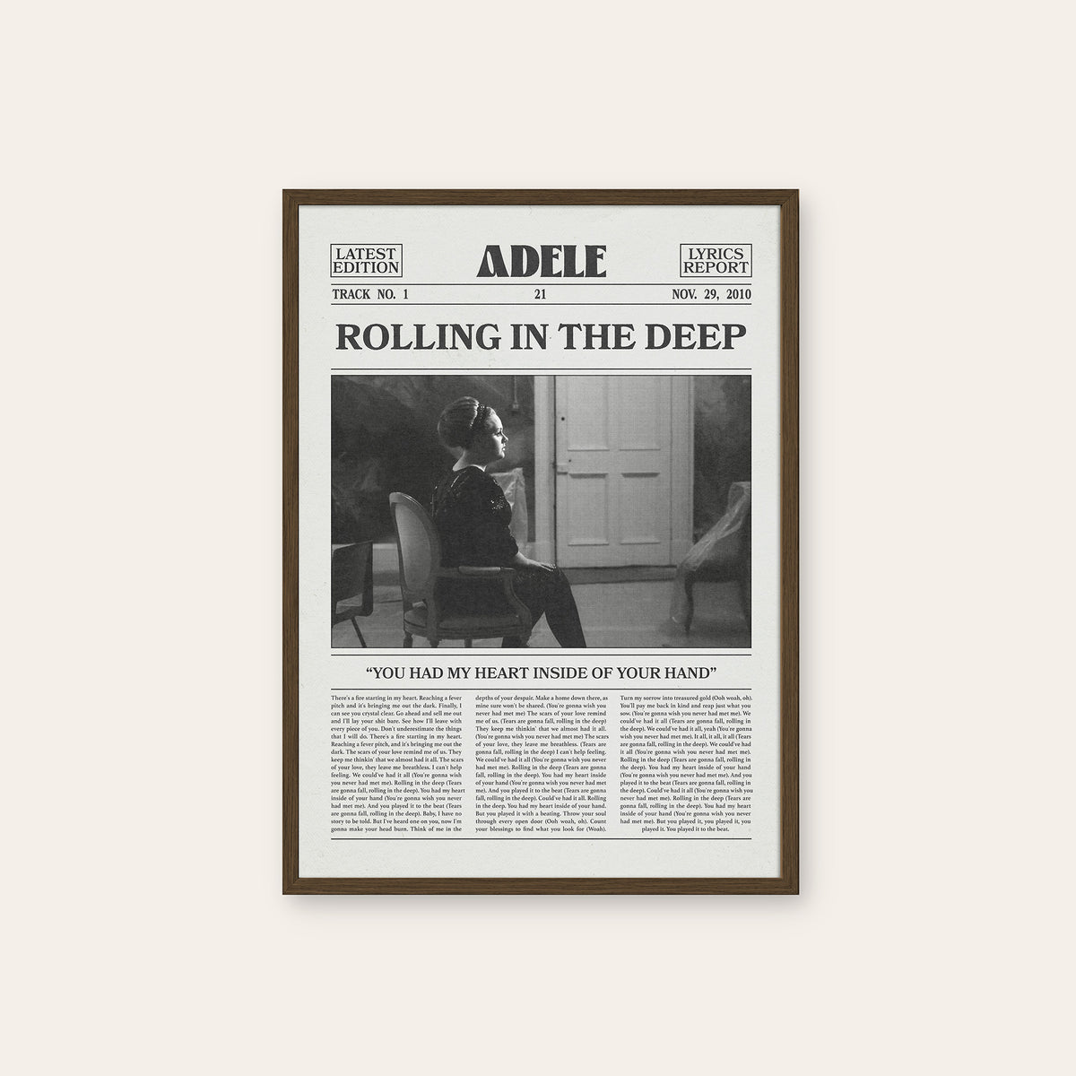 Adele Rolling in the Deep newspaper poster — dark wood frame