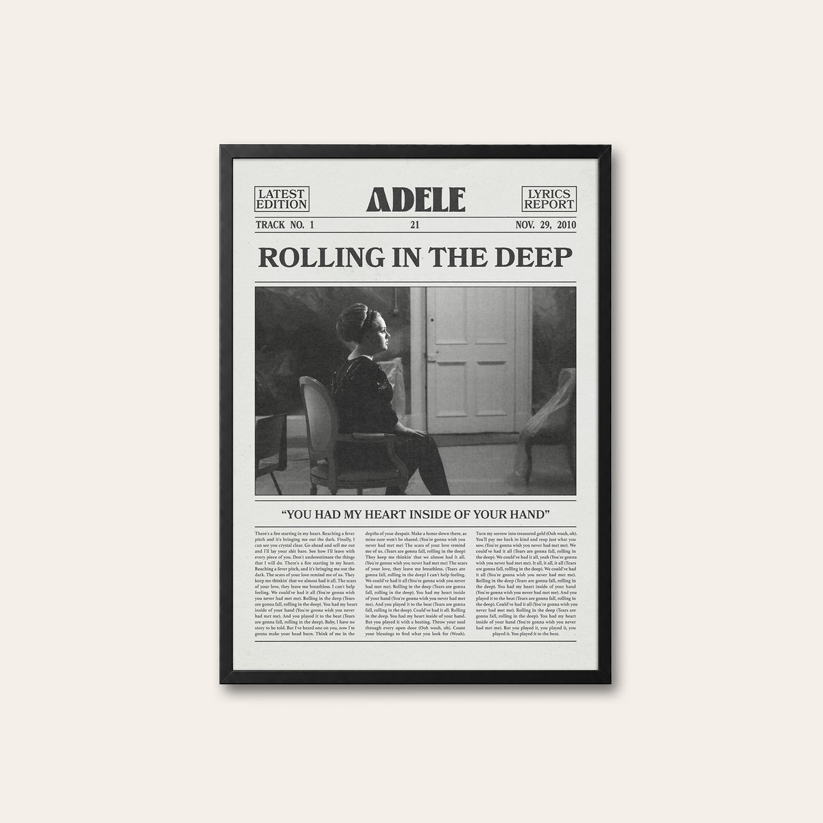 Adele Rolling in the Deep newspaper poster — black frame