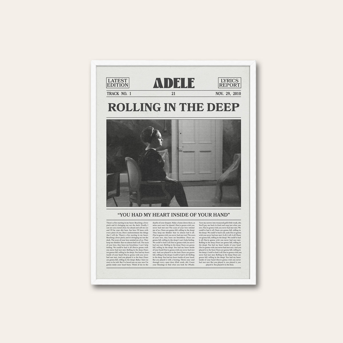 Adele Rolling in the Deep newspaper poster — white frame