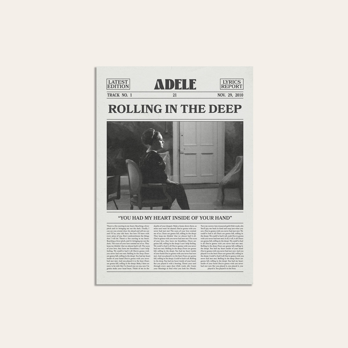 Adele Rolling in the Deep newspaper poster — unframed print