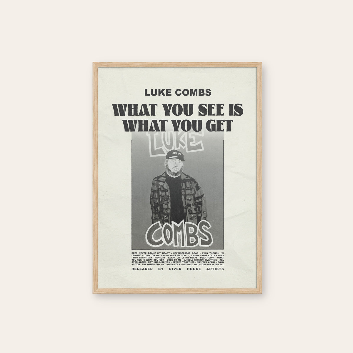 Luke Combs What You See Is What You Get newspaper poster — natural wood frame