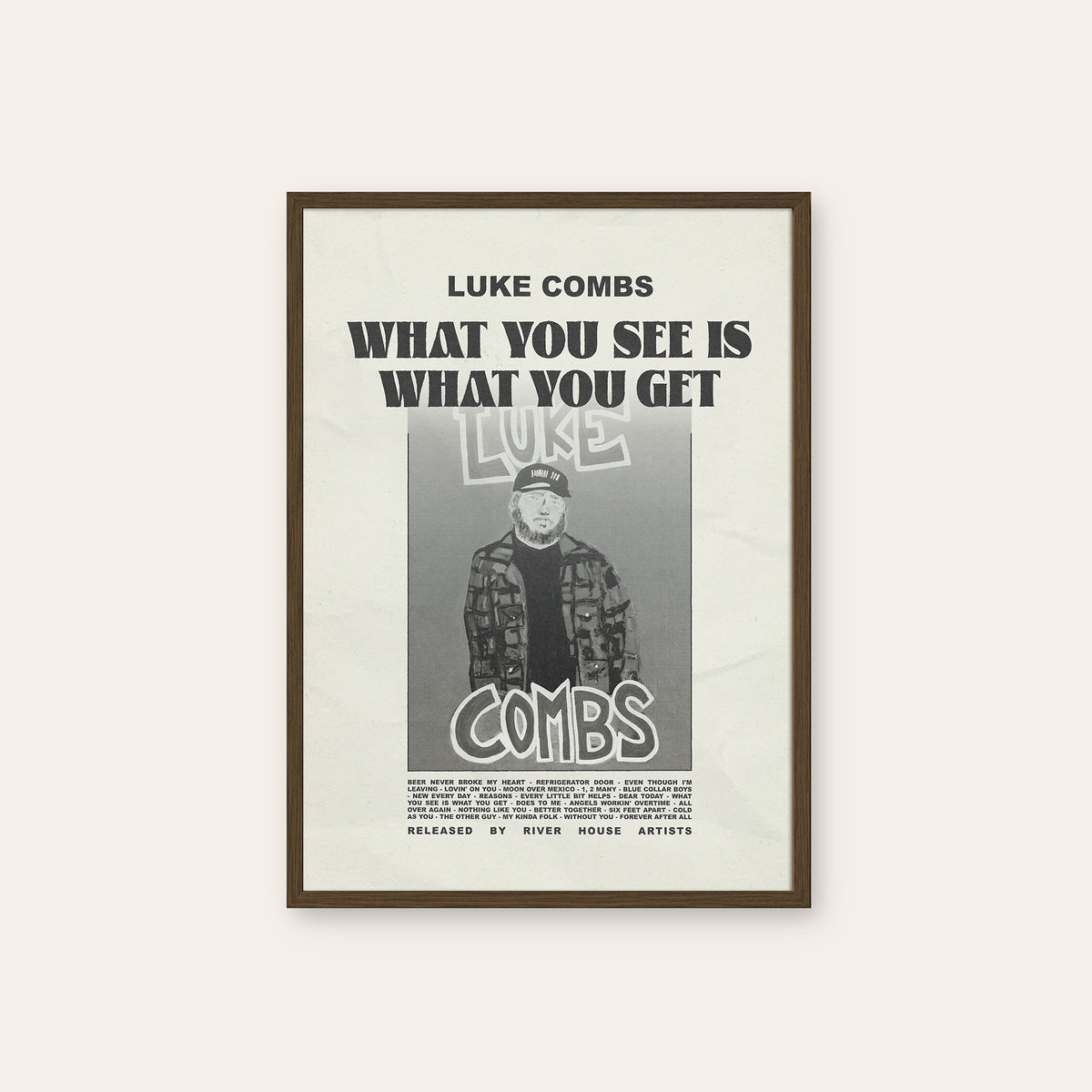 Luke Combs What You See Is What You Get newspaper poster — dark wood frame