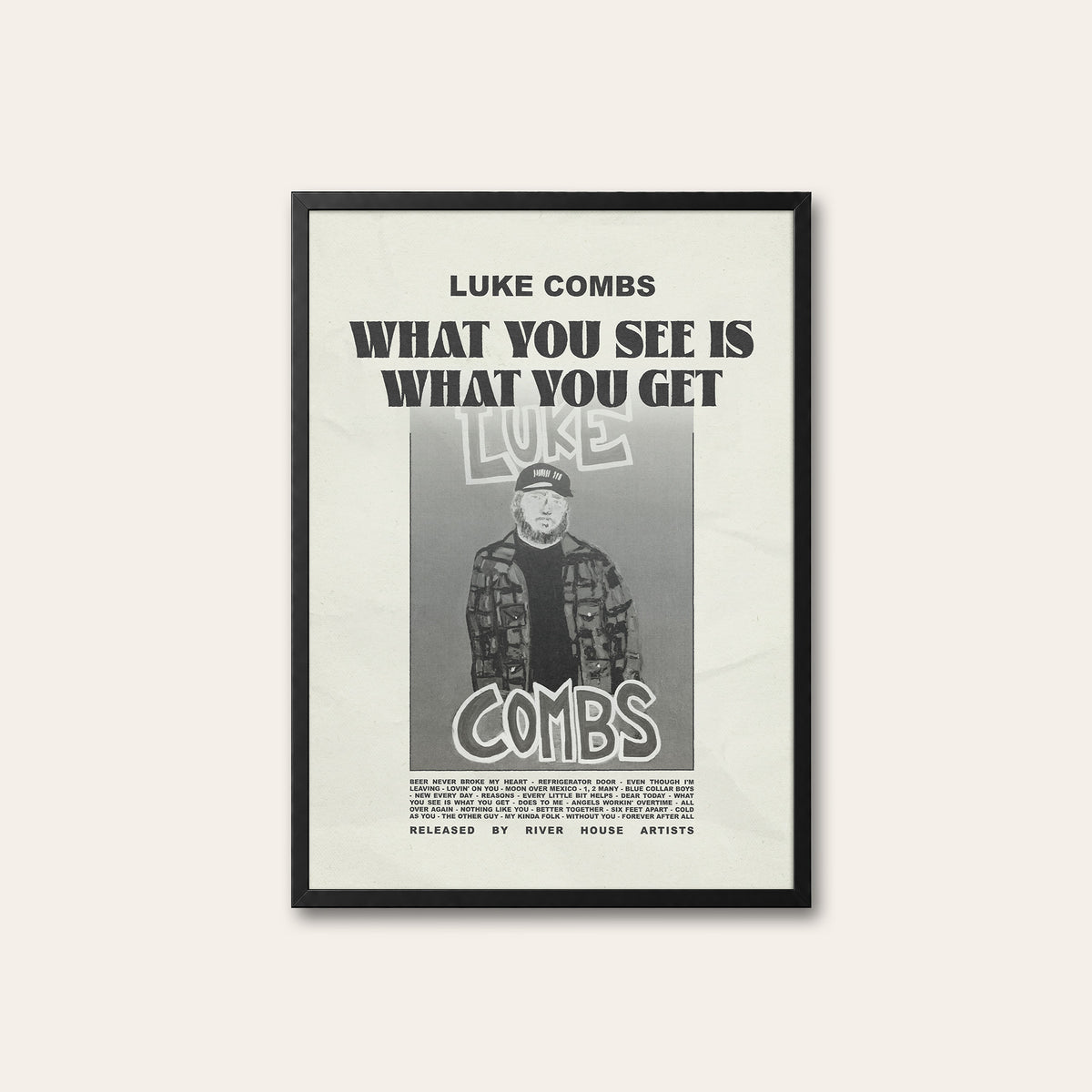 Luke Combs What You See Is What You Get newspaper poster — black frame