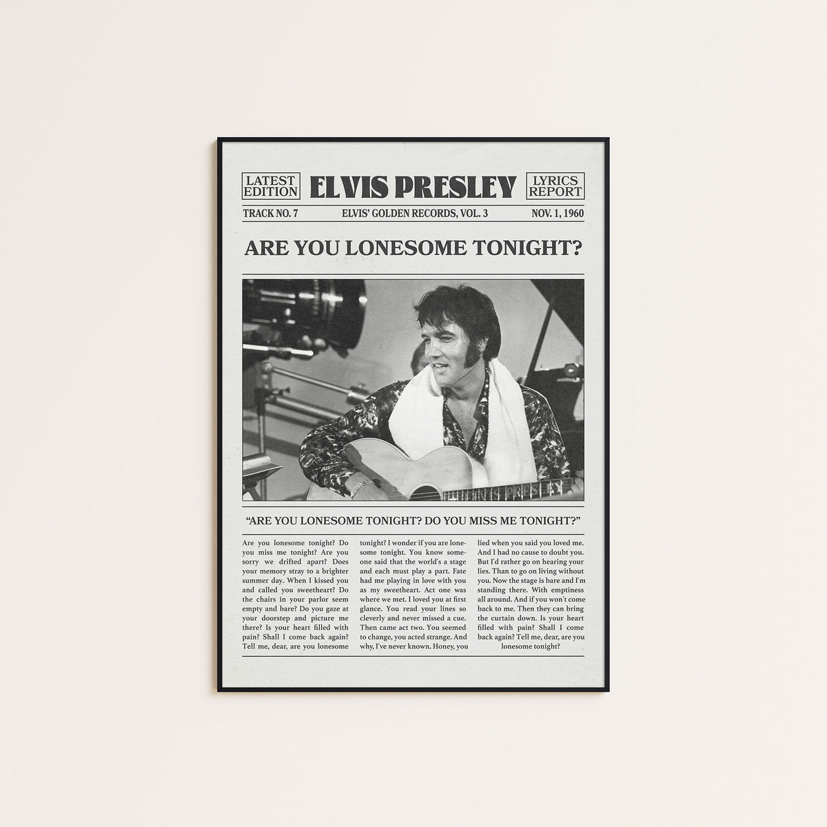 Elvis Presley Are You Lonesome Tonight? newspaper poster — black frame display