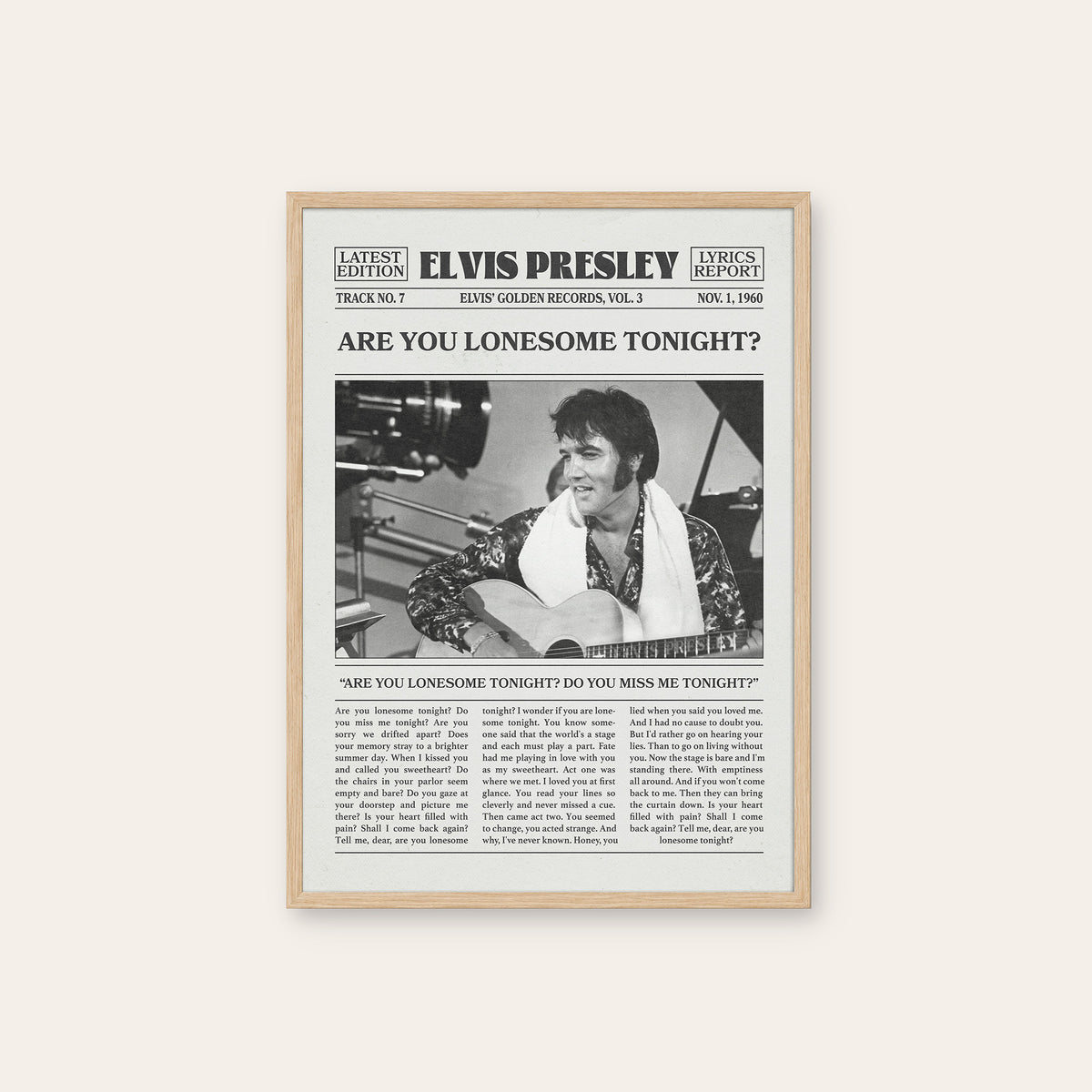 Elvis Presley Are You Lonesome Tonight? newspaper poster — natural wood frame
