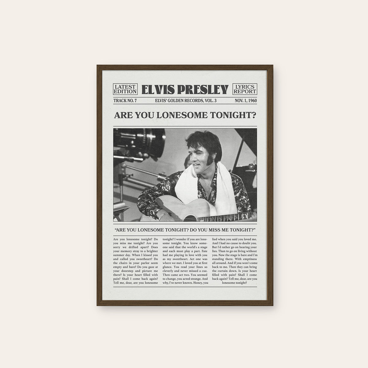 Elvis Presley Are You Lonesome Tonight? newspaper poster — dark wood frame