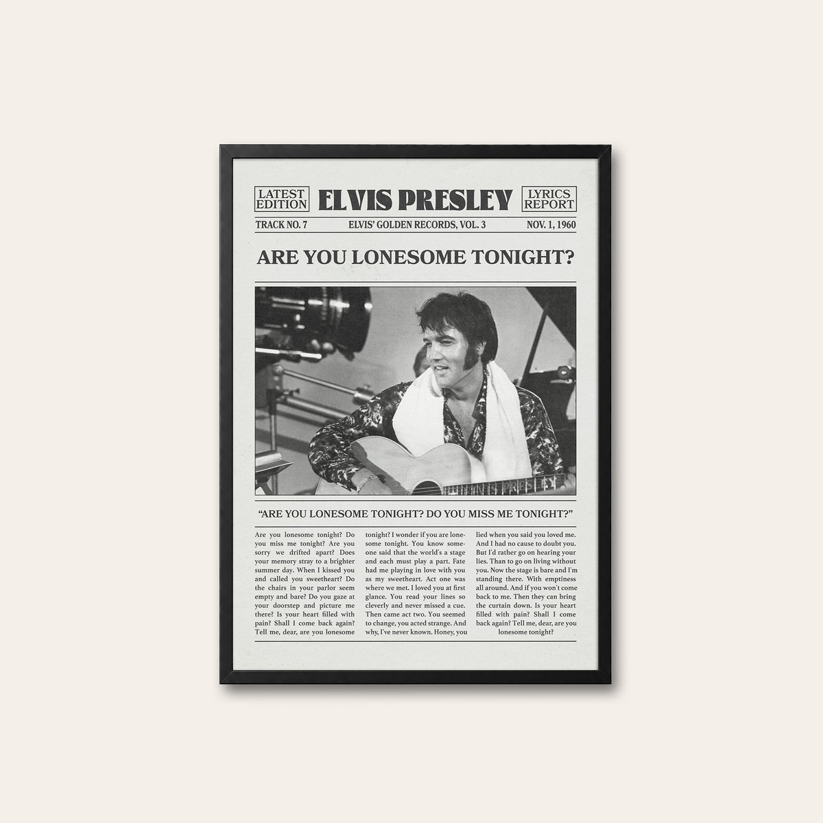 Elvis Presley Are You Lonesome Tonight? newspaper poster — black frame