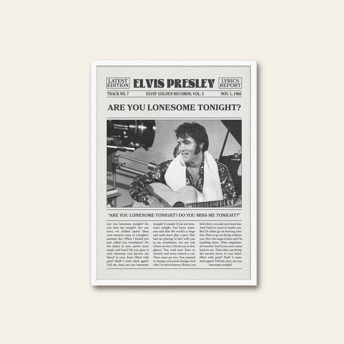 Elvis Presley Are You Lonesome Tonight? newspaper poster — white frame