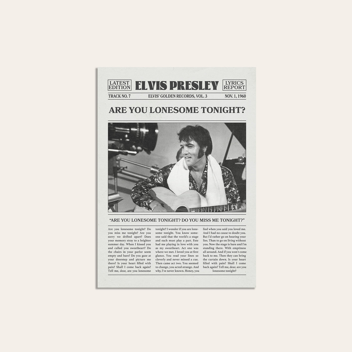 Elvis Presley Are You Lonesome Tonight? newspaper poster — unframed print