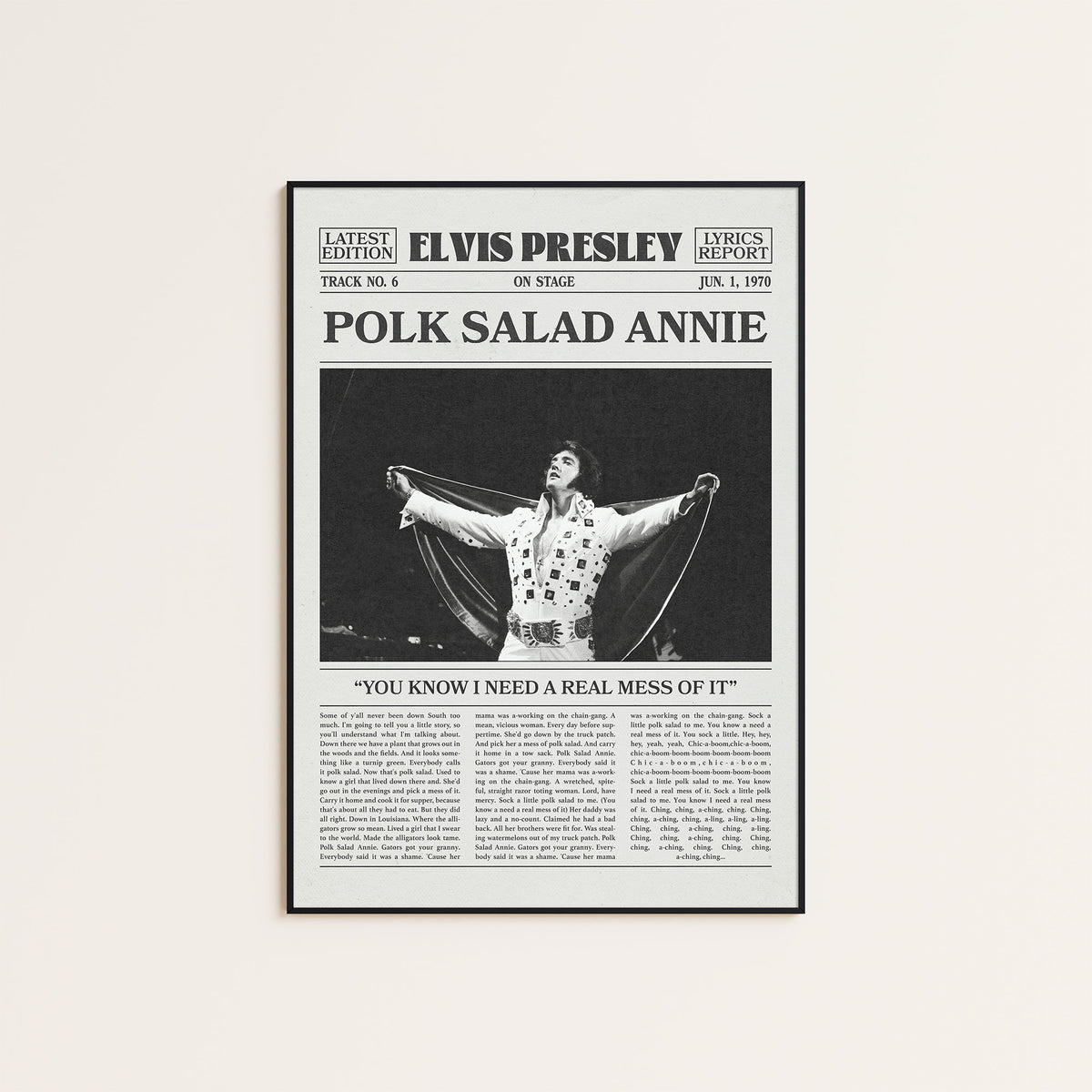 Elvis Presley Polk Salad Annie newspaper poster — black frame display