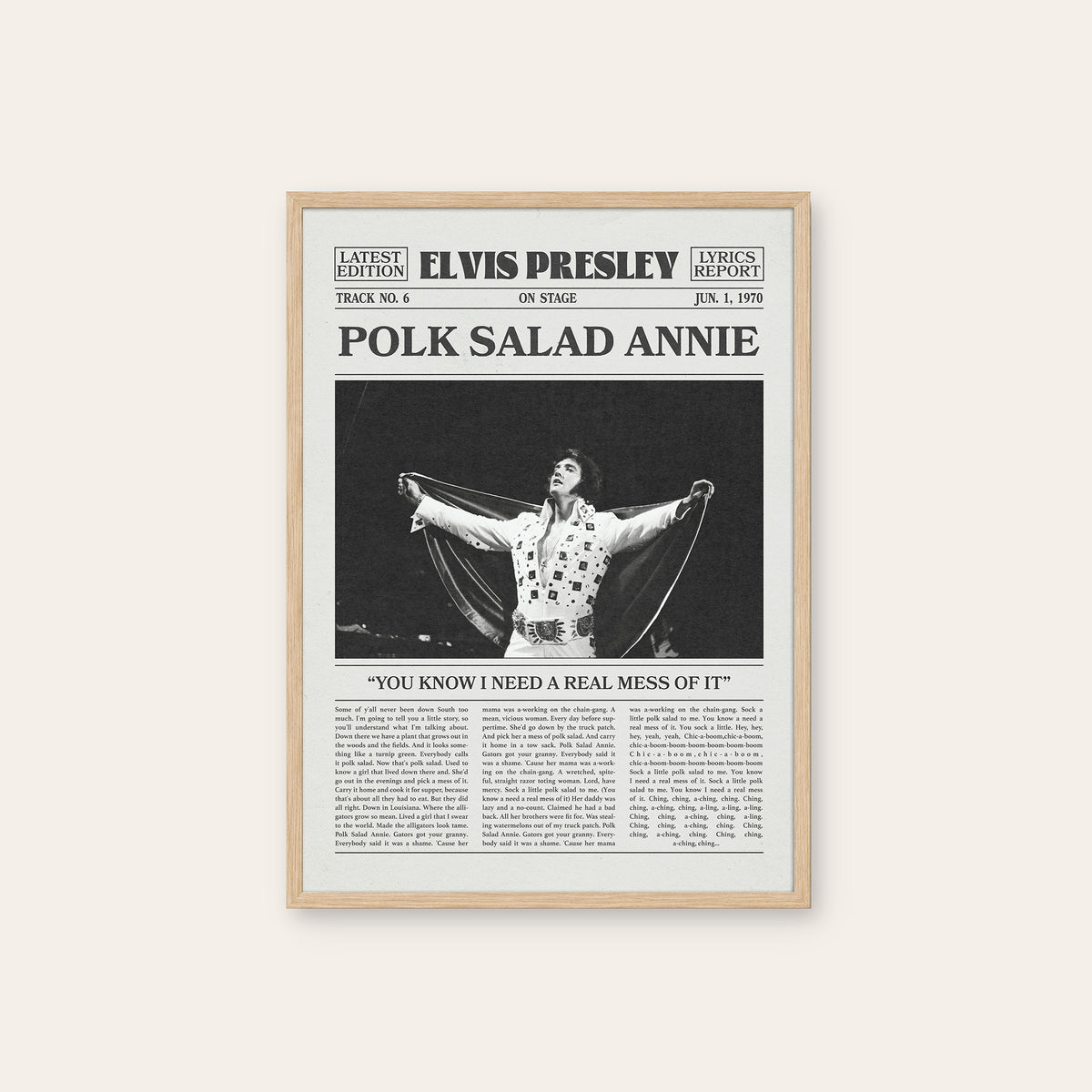 Elvis Presley Polk Salad Annie newspaper poster — natural wood frame