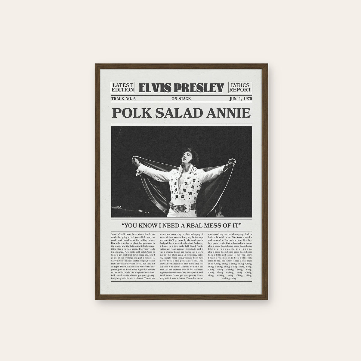 Elvis Presley Polk Salad Annie newspaper poster — dark wood frame