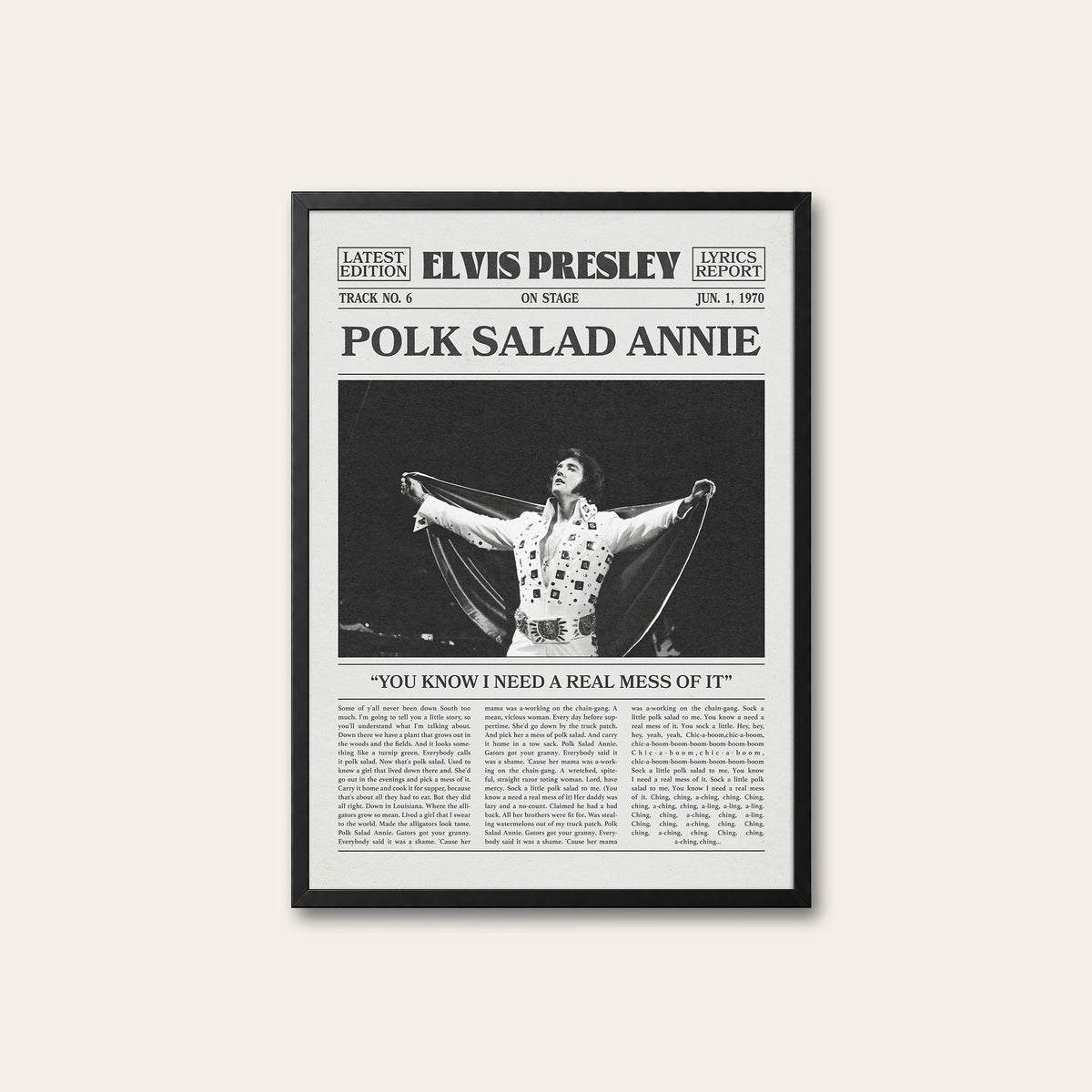 Elvis Presley Polk Salad Annie newspaper poster — black frame