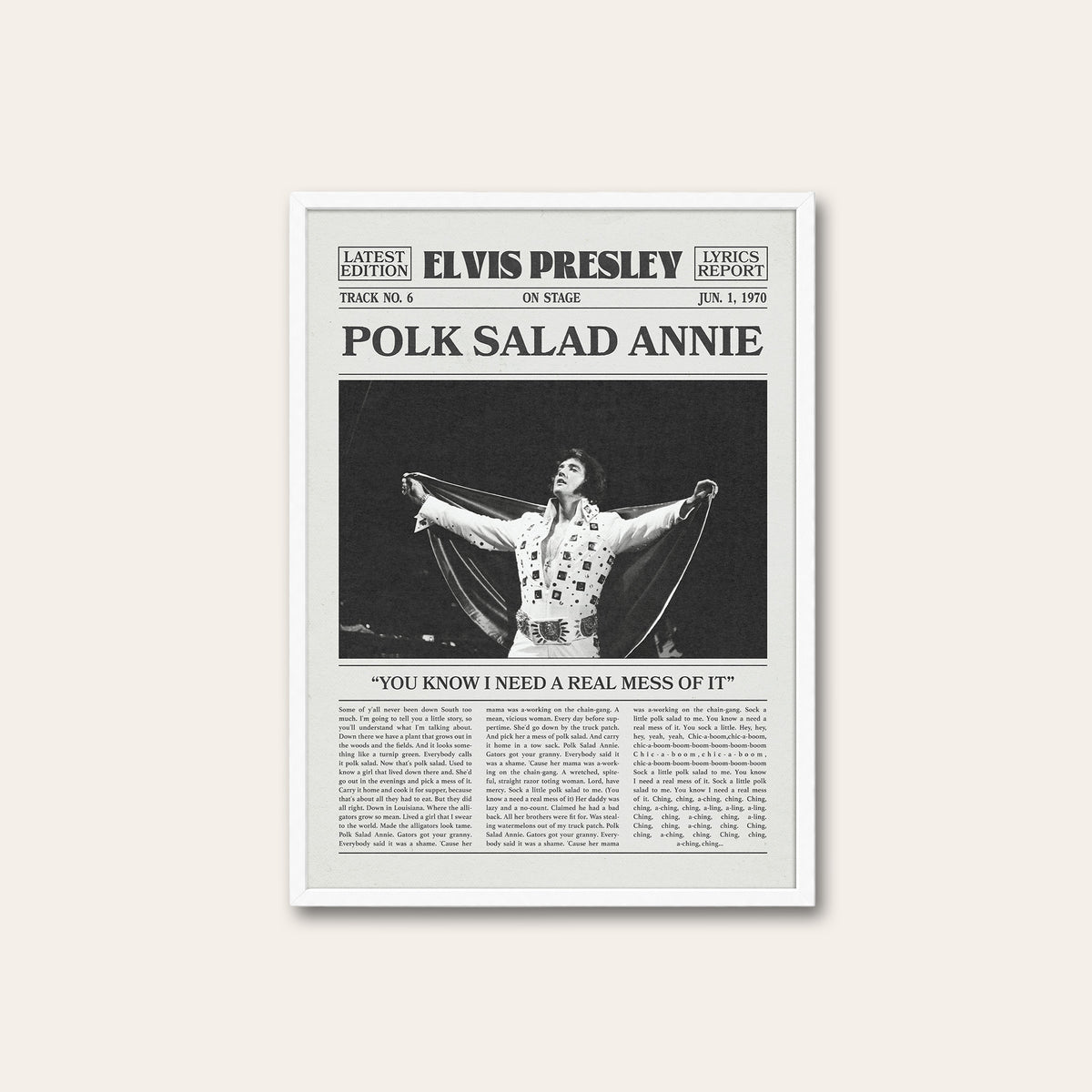 Elvis Presley Polk Salad Annie newspaper poster — white frame