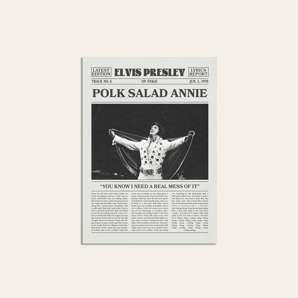 Elvis Presley Polk Salad Annie newspaper poster — unframed print