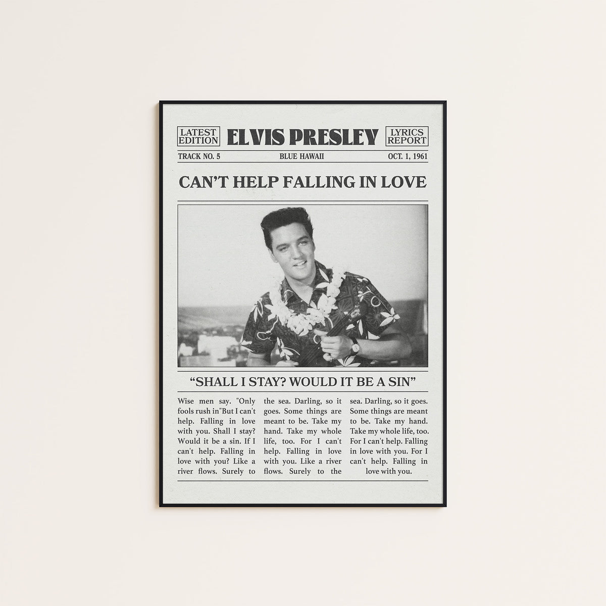 Elvis Presley Can't Help Falling in Love newspaper poster — black frame display