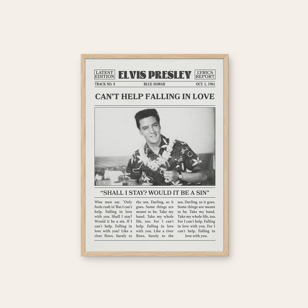 Elvis Presley Can't Help Falling in Love newspaper poster — natural wood frame