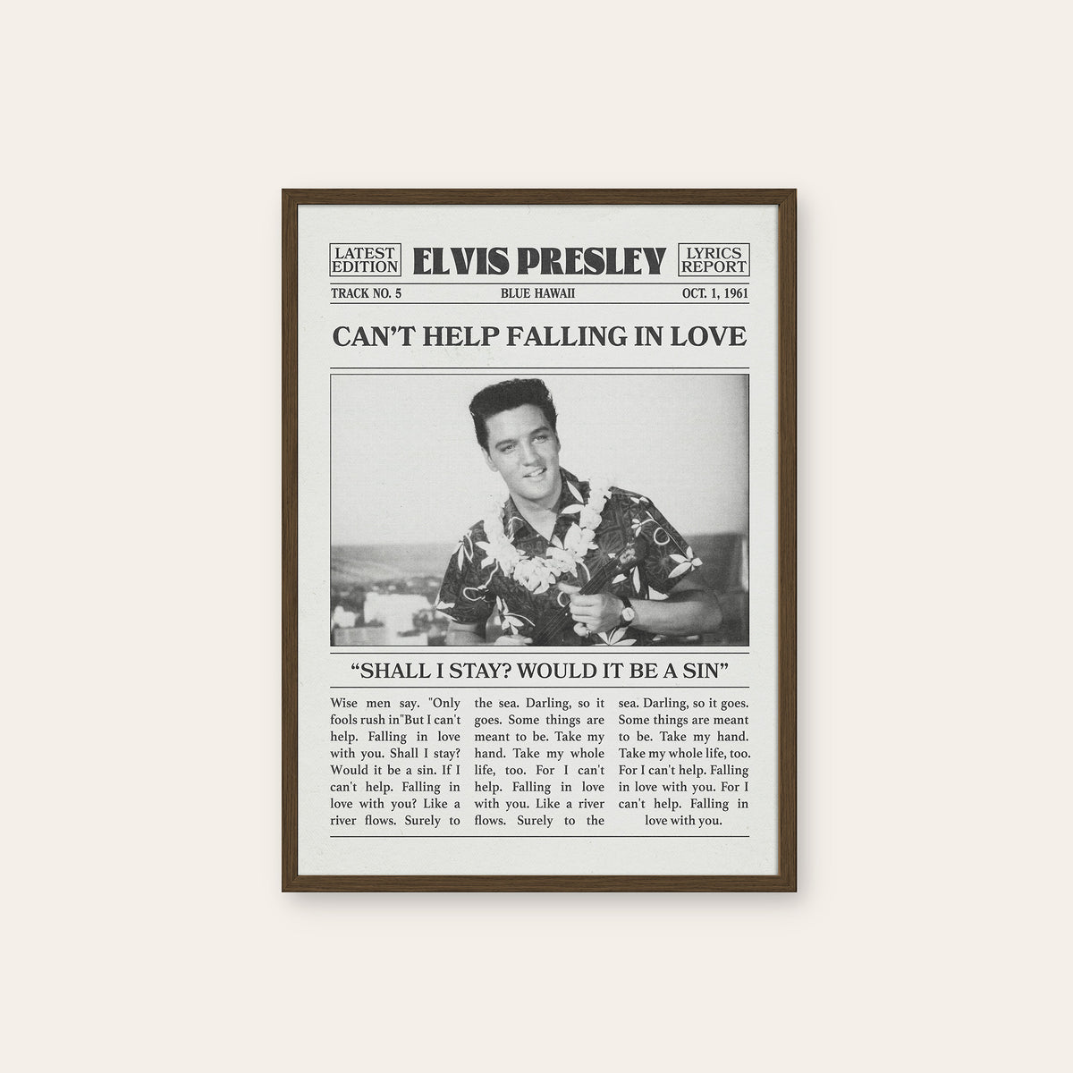 Elvis Presley Can't Help Falling in Love newspaper poster — dark wood frame