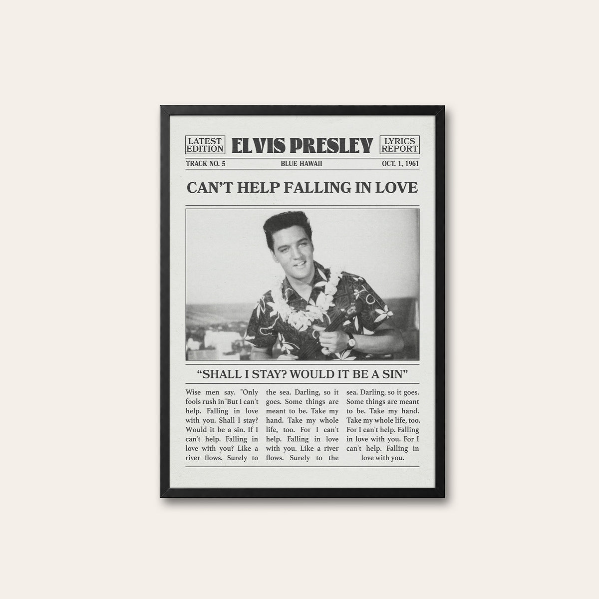 Elvis Presley Can't Help Falling in Love newspaper poster — black frame