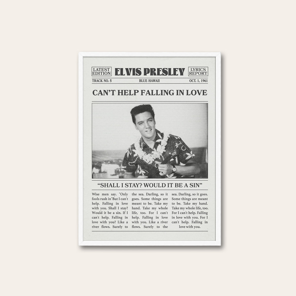 Elvis Presley Can't Help Falling in Love newspaper poster — white frame