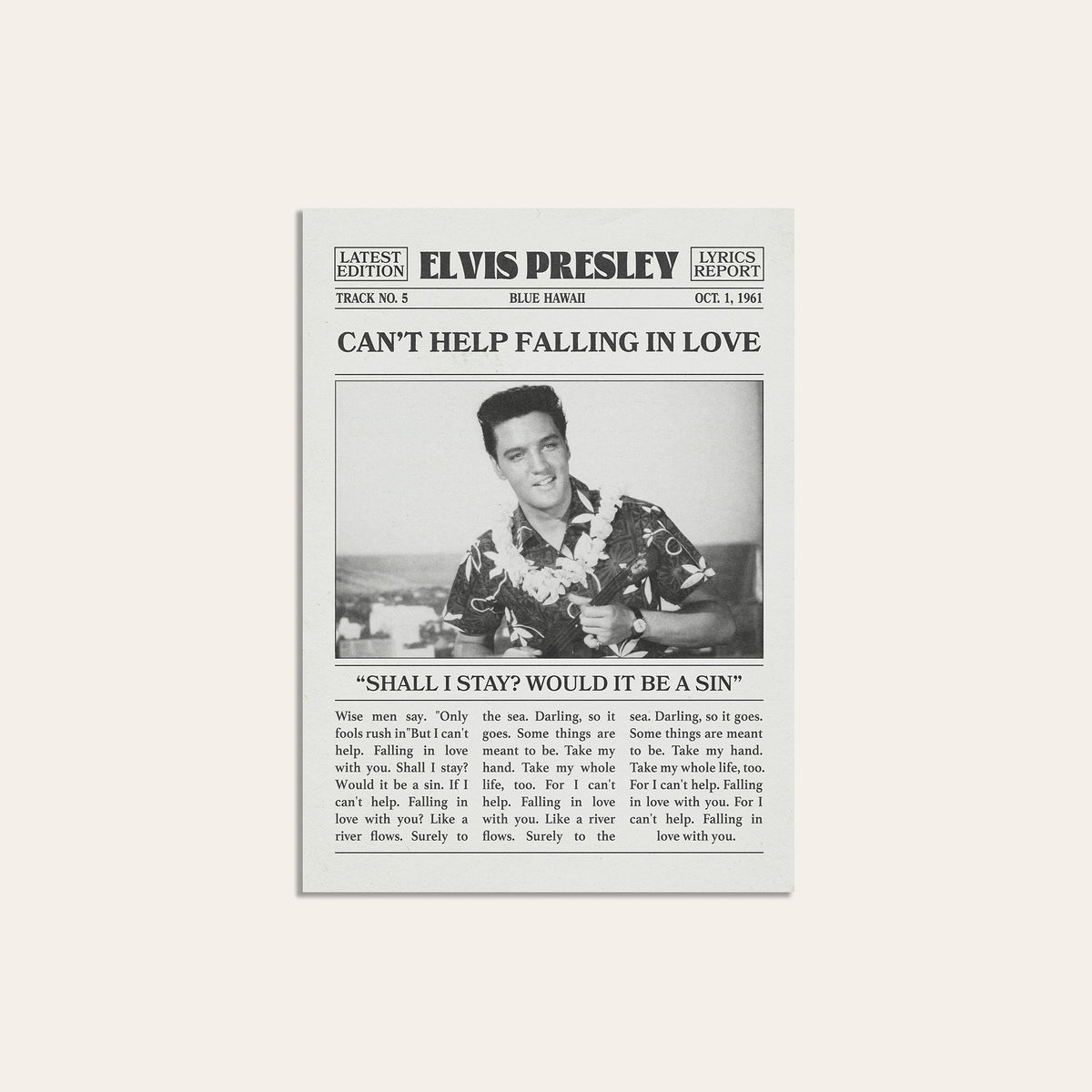 Elvis Presley Can't Help Falling in Love newspaper poster — unframed print