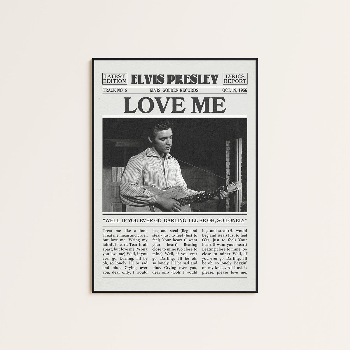 Elvis Presley Love Me newspaper poster — black frame display