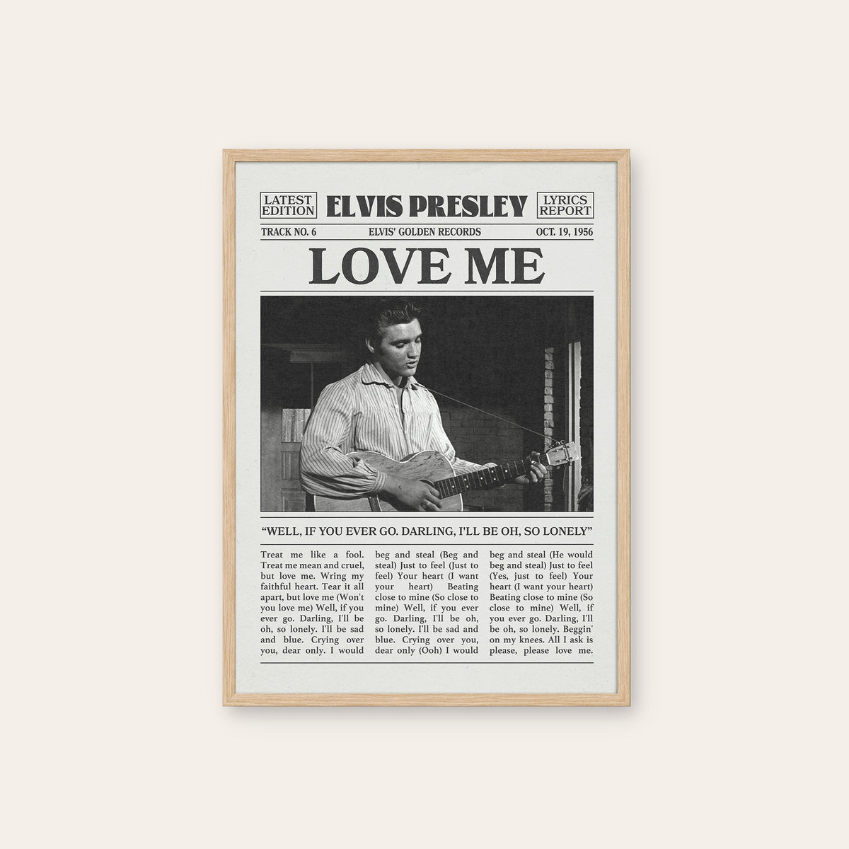 Elvis Presley Love Me newspaper poster — natural wood frame
