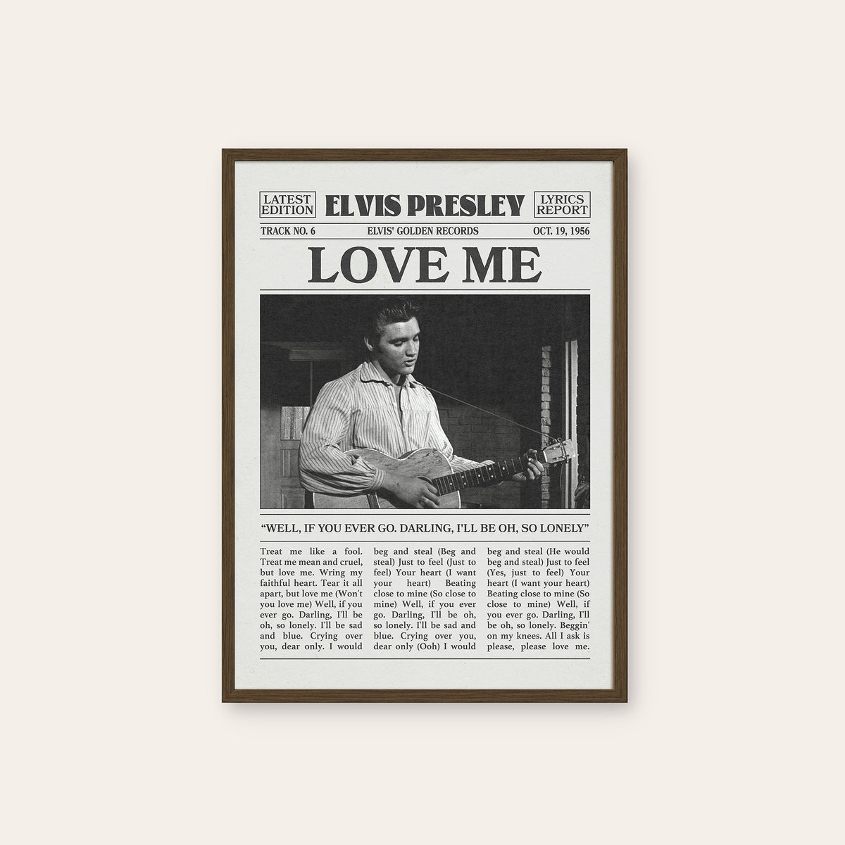 Elvis Presley Love Me newspaper poster — dark wood frame