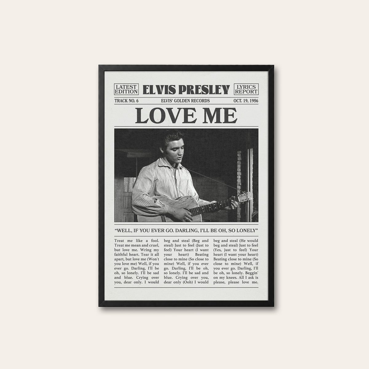 Elvis Presley Love Me newspaper poster — black frame
