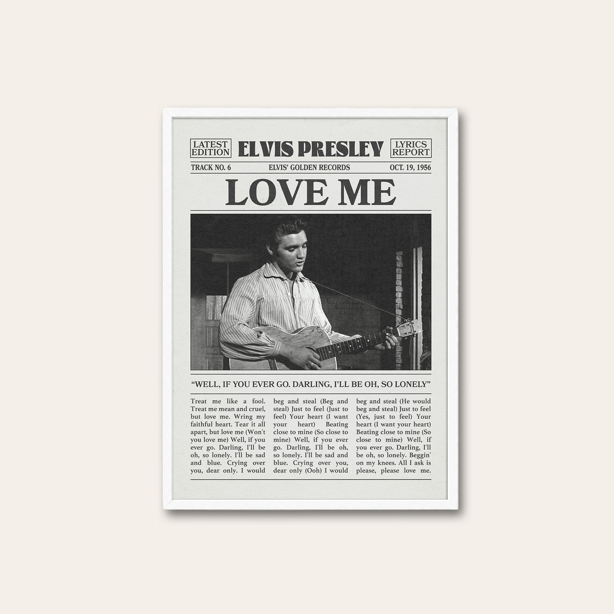 Elvis Presley Love Me newspaper poster — white frame