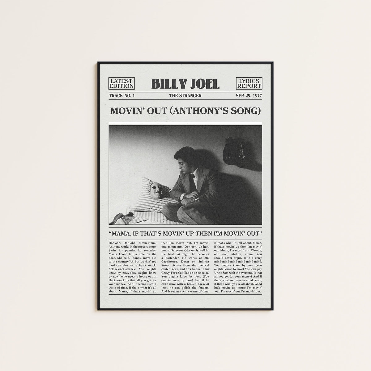Billy Joel Movin' Out newspaper poster — black frame display