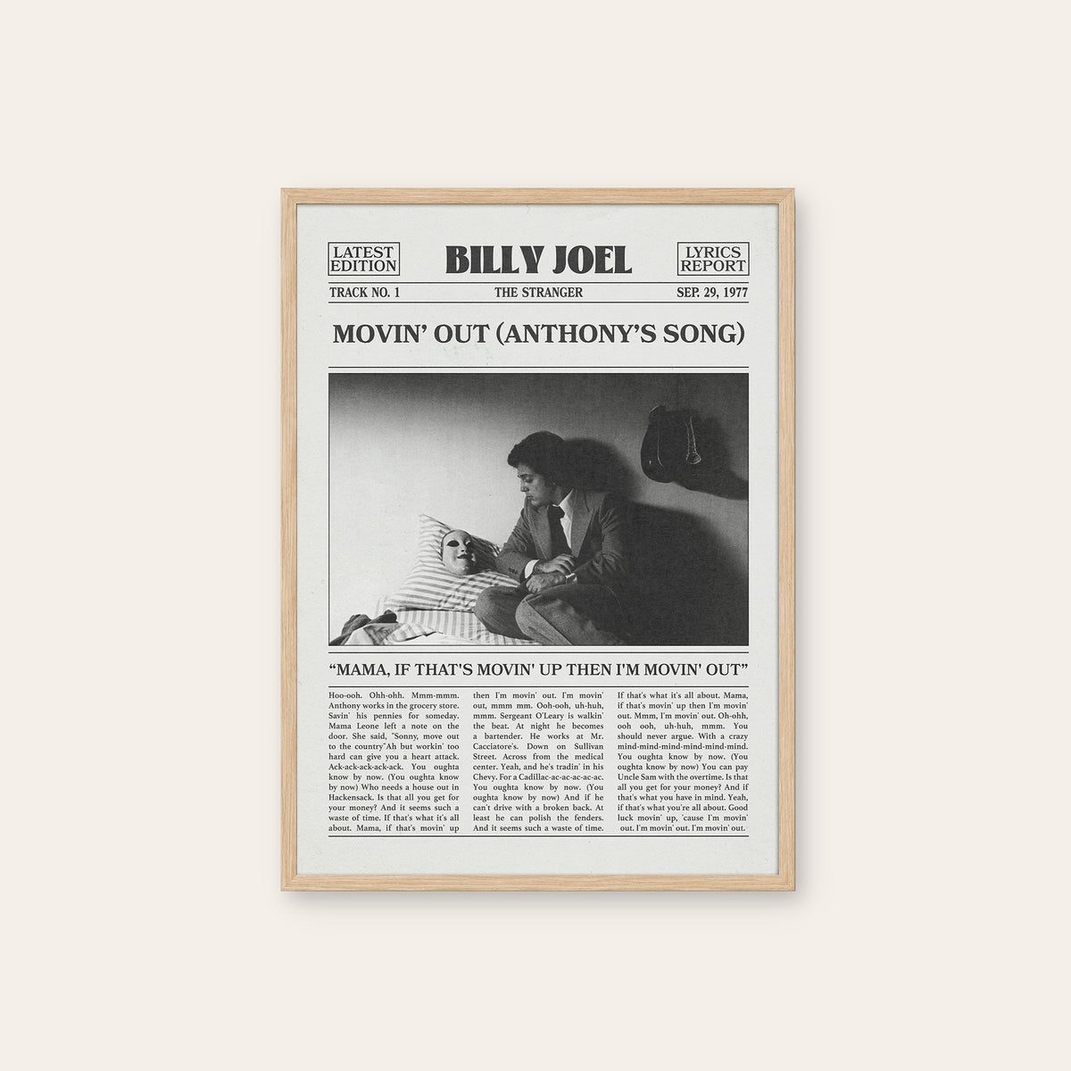 Billy Joel Movin' Out newspaper poster — natural wood frame
