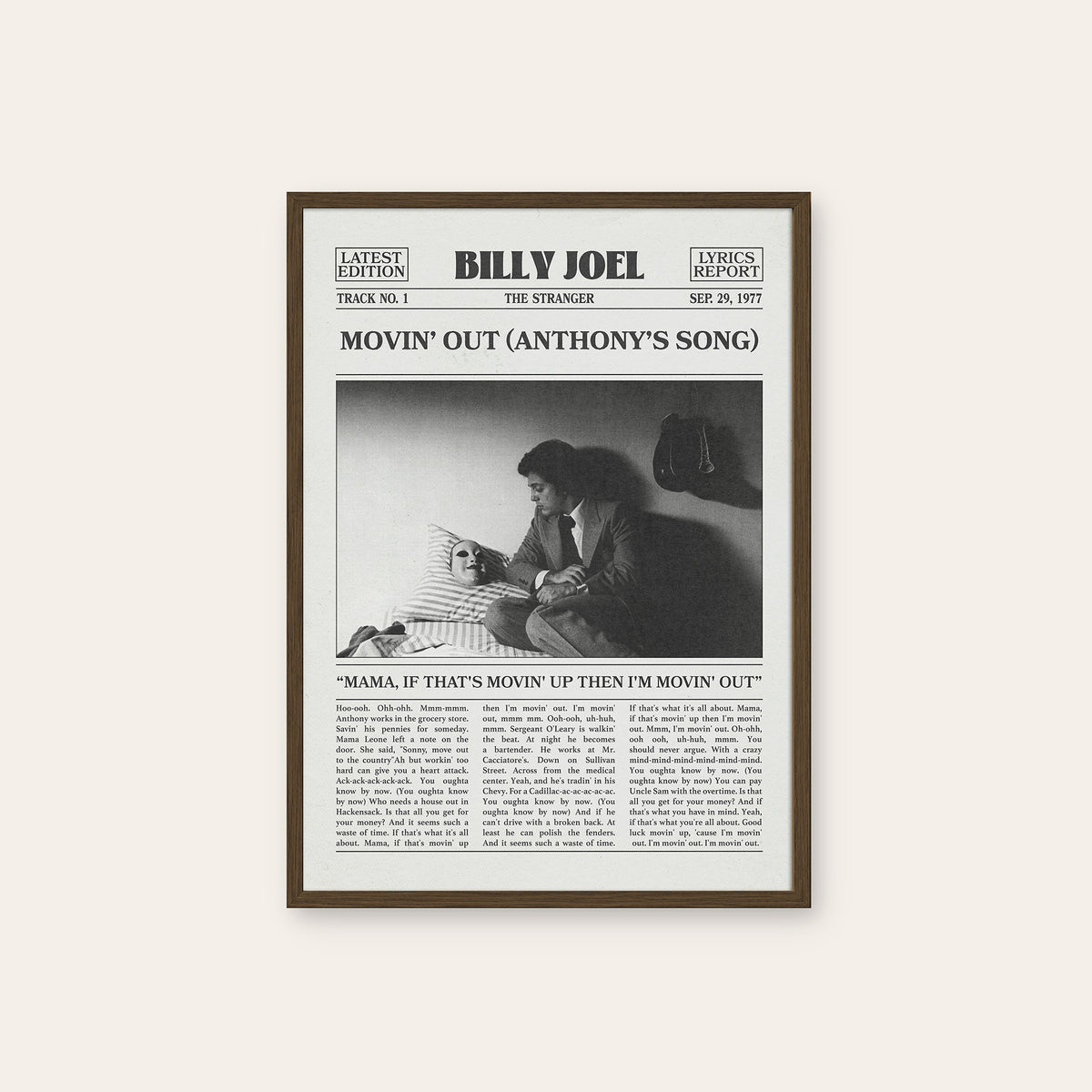 Billy Joel Movin' Out newspaper poster — dark wood frame