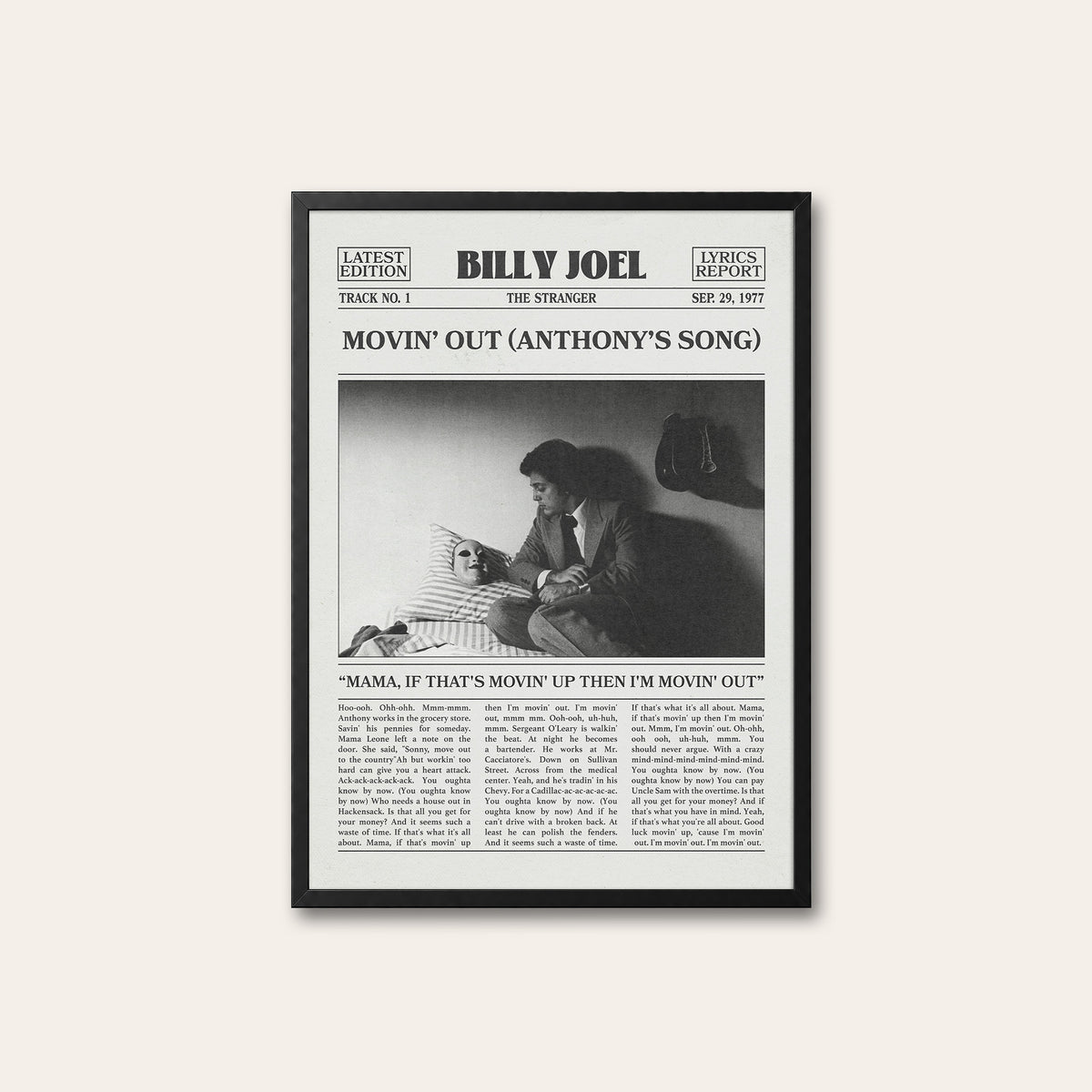 Billy Joel Movin' Out newspaper poster — black frame