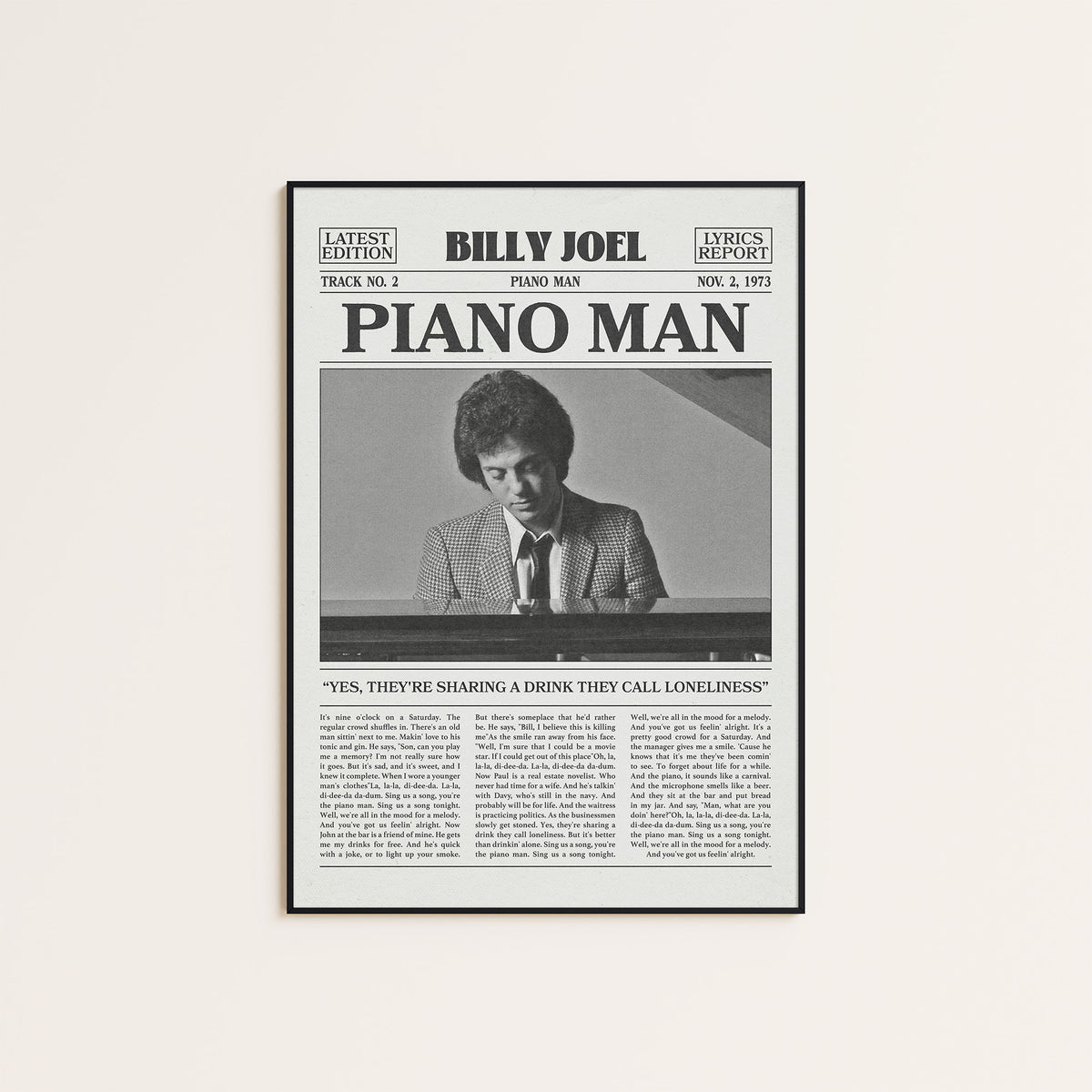 Billy Joel Piano Man newspaper poster — black frame display