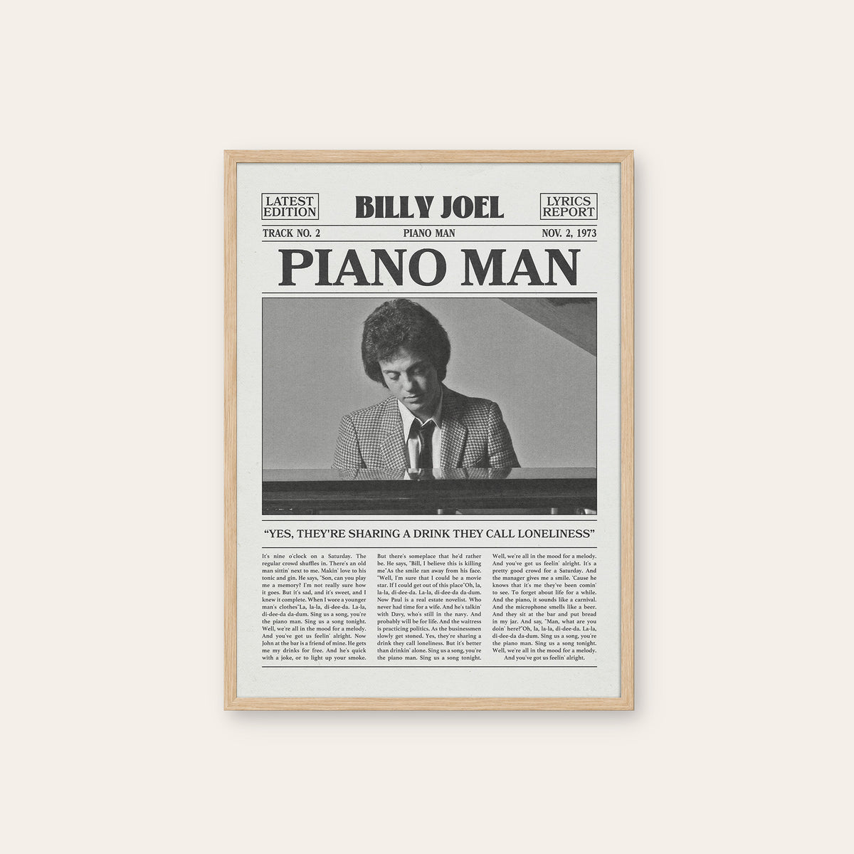 Billy Joel Piano Man newspaper poster — natural wood frame