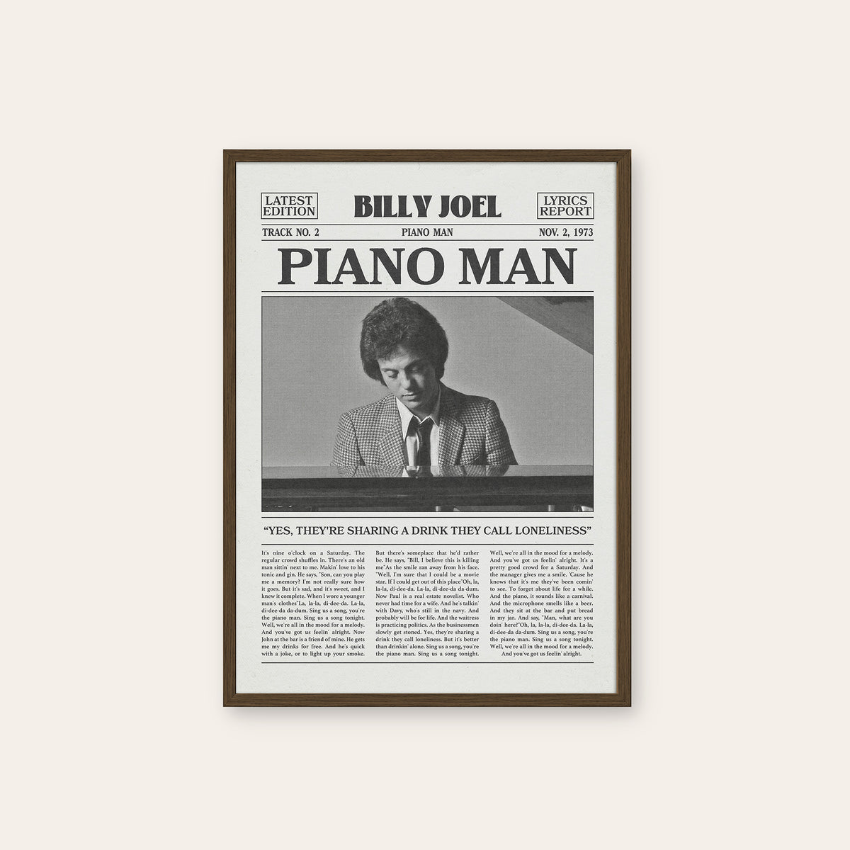 Billy Joel Piano Man newspaper poster — dark wood frame