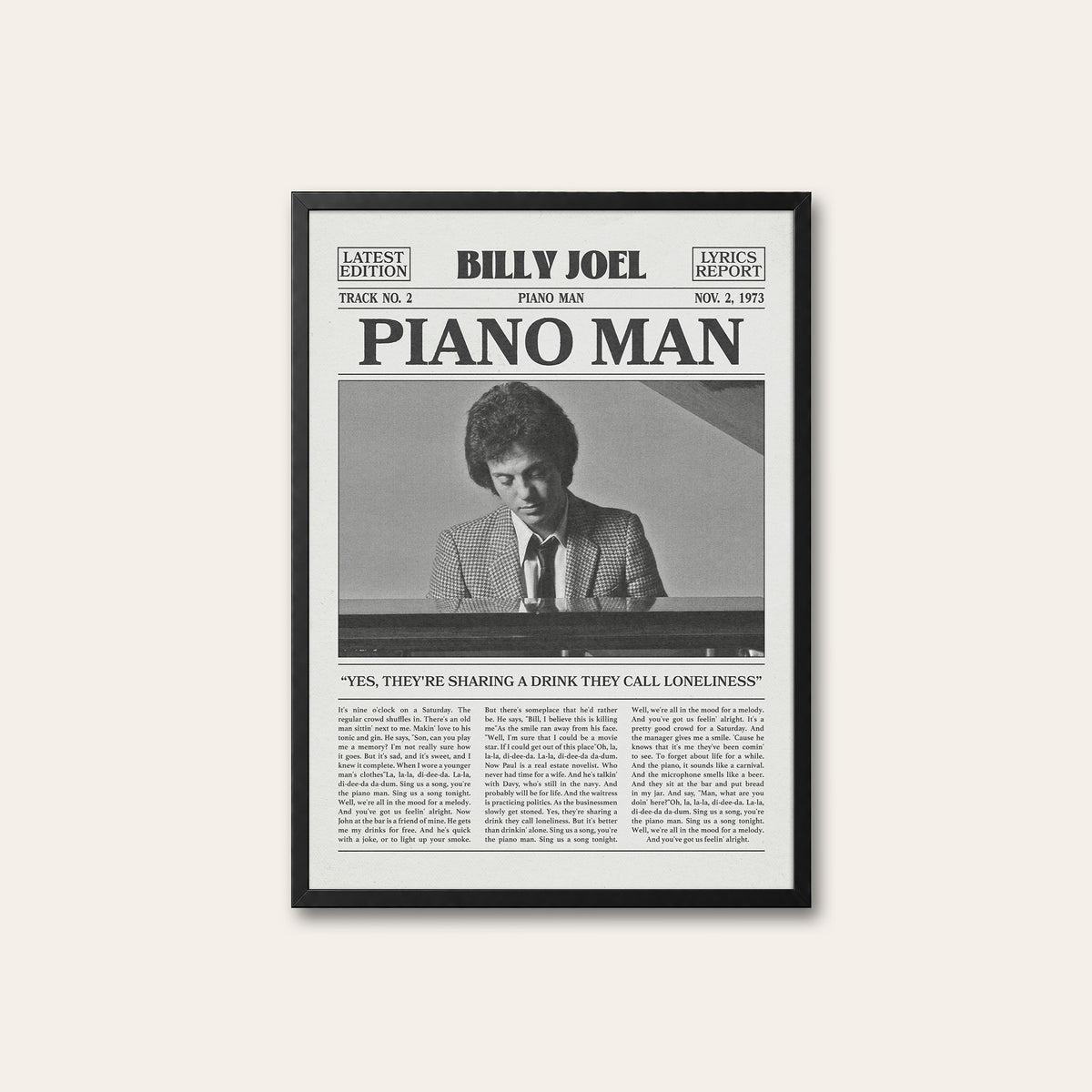 Billy Joel Piano Man newspaper poster — black frame