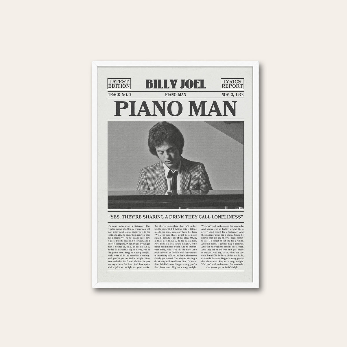 Billy Joel Piano Man newspaper poster — white frame