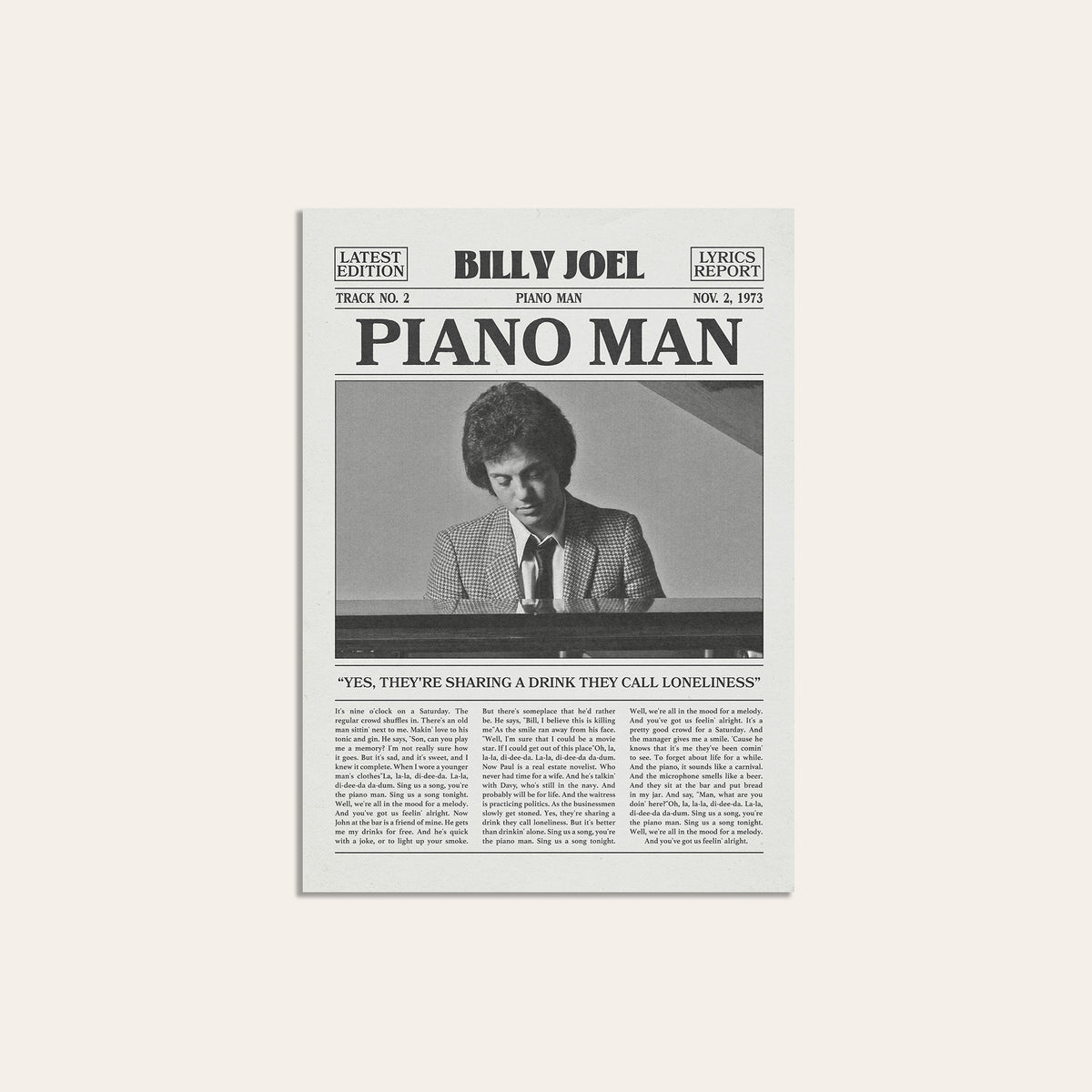 Billy Joel Piano Man newspaper poster — unframed print