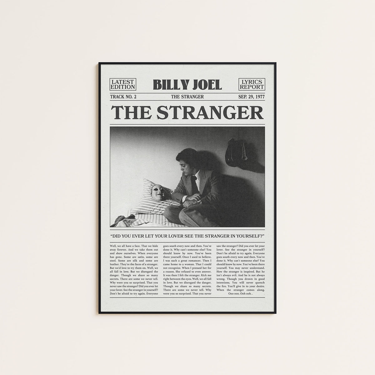Billy Joel The Stranger newspaper poster — black frame display