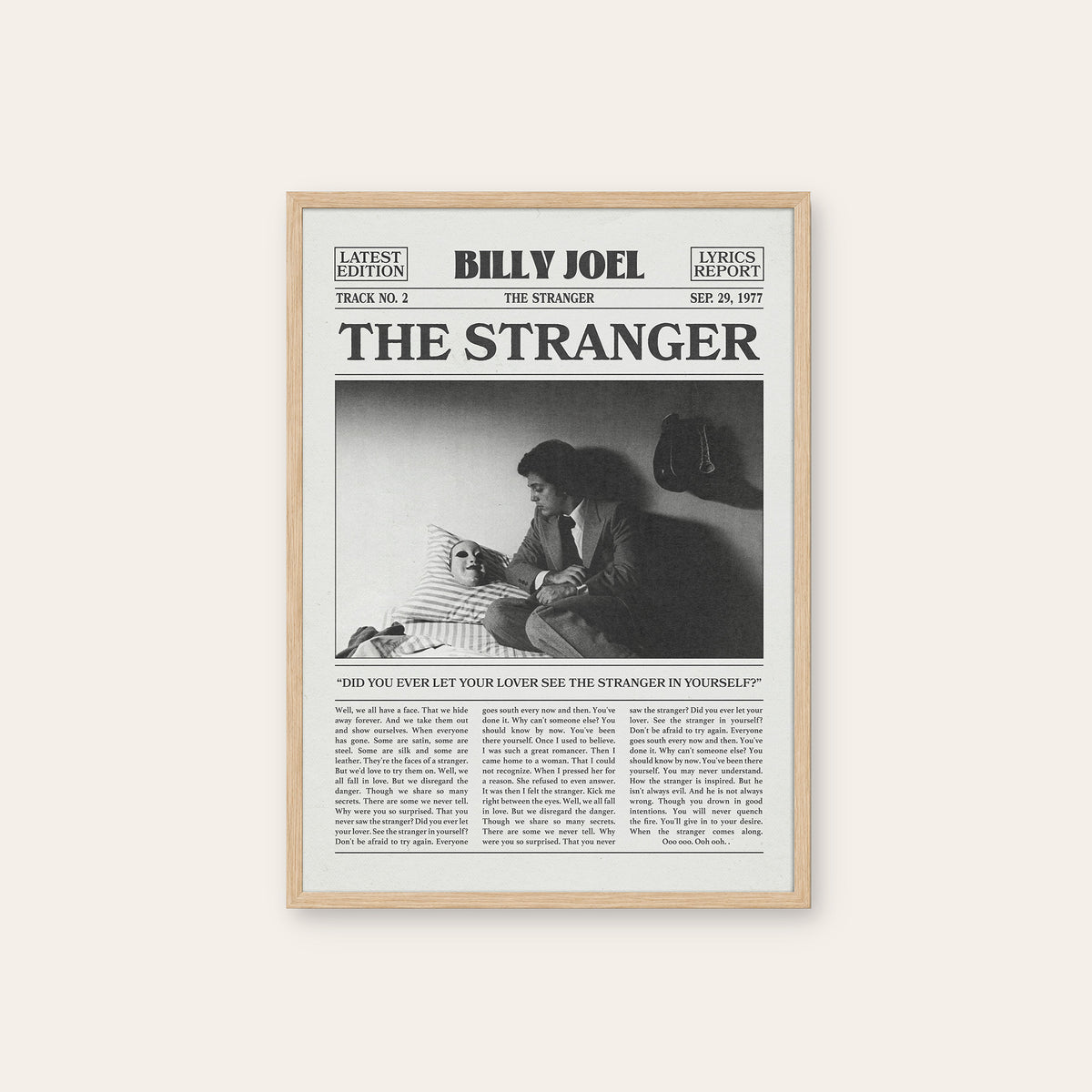 Billy Joel The Stranger newspaper poster — natural wood frame