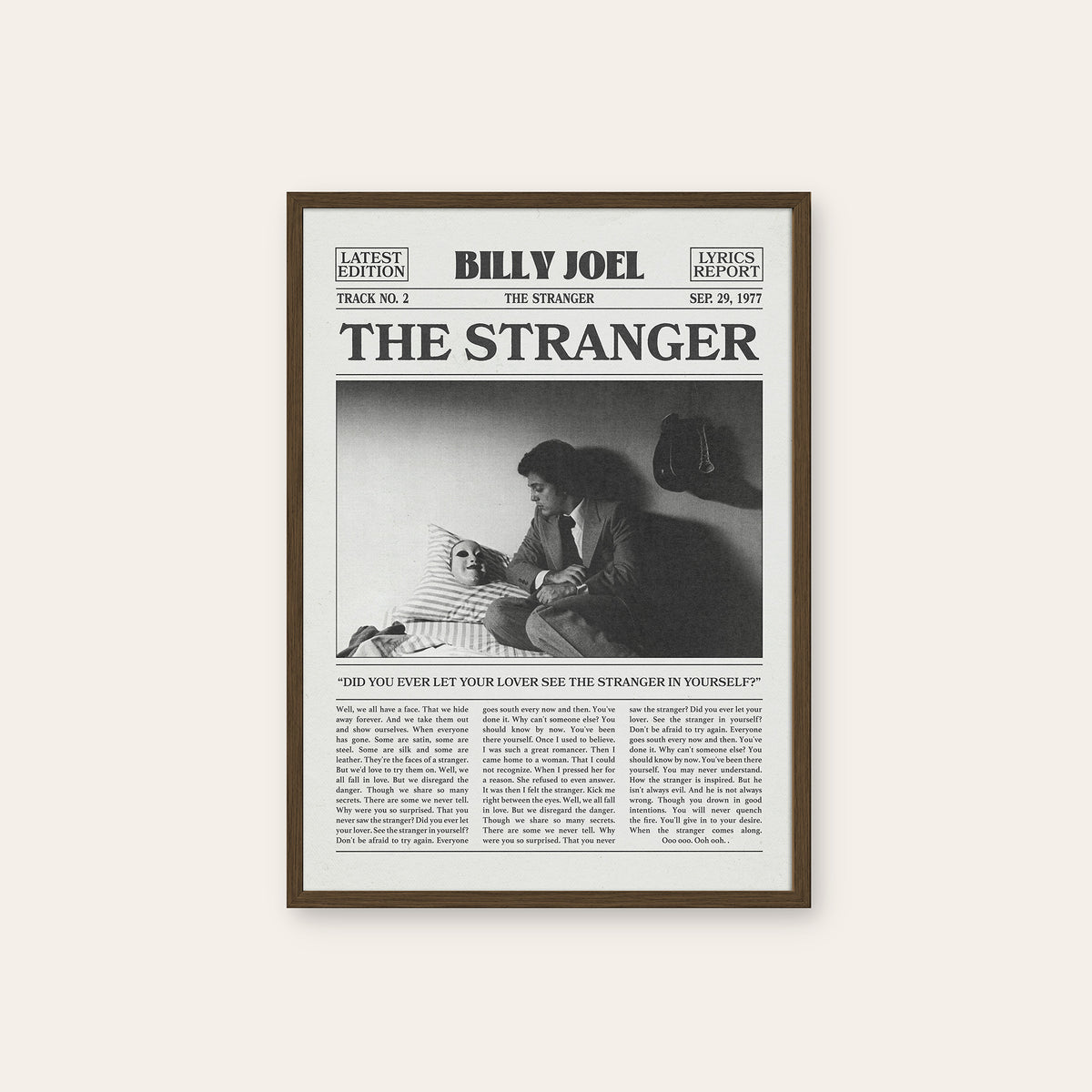 Billy Joel The Stranger newspaper poster — dark wood frame