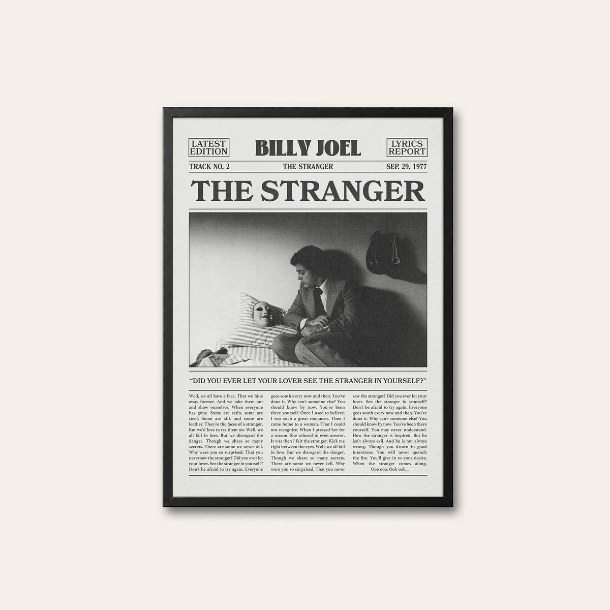 Billy Joel The Stranger newspaper poster — black frame