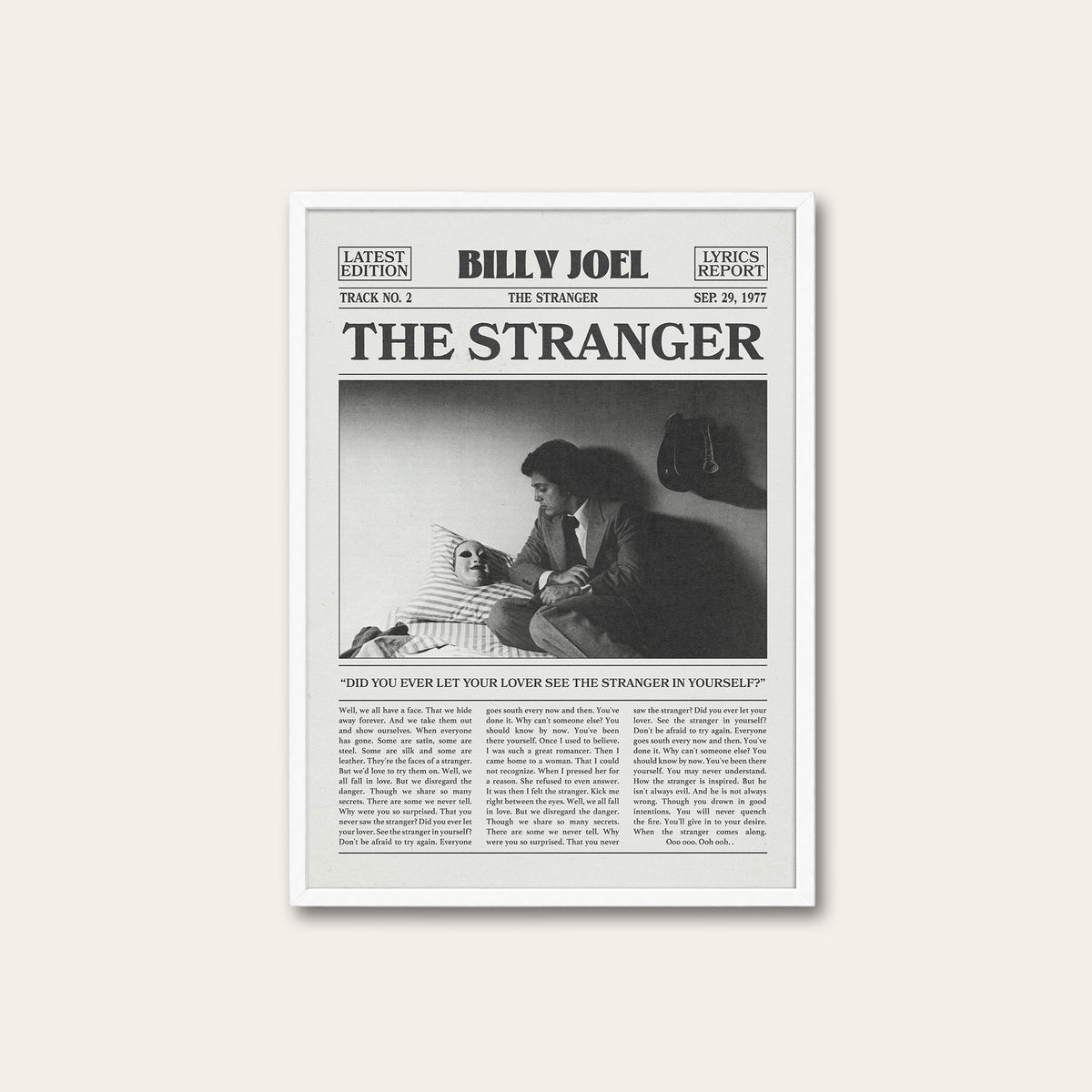 Billy Joel The Stranger newspaper poster — white frame