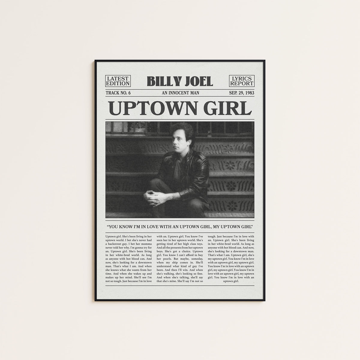 Billy Joel Uptown Girl newspaper poster — black frame display