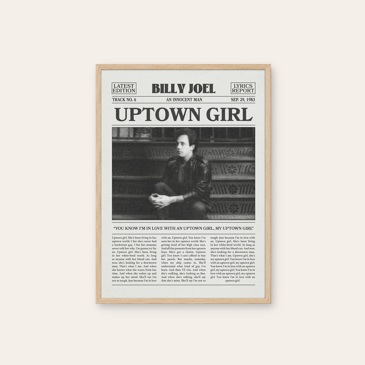 Billy Joel Uptown Girl newspaper poster — natural wood frame