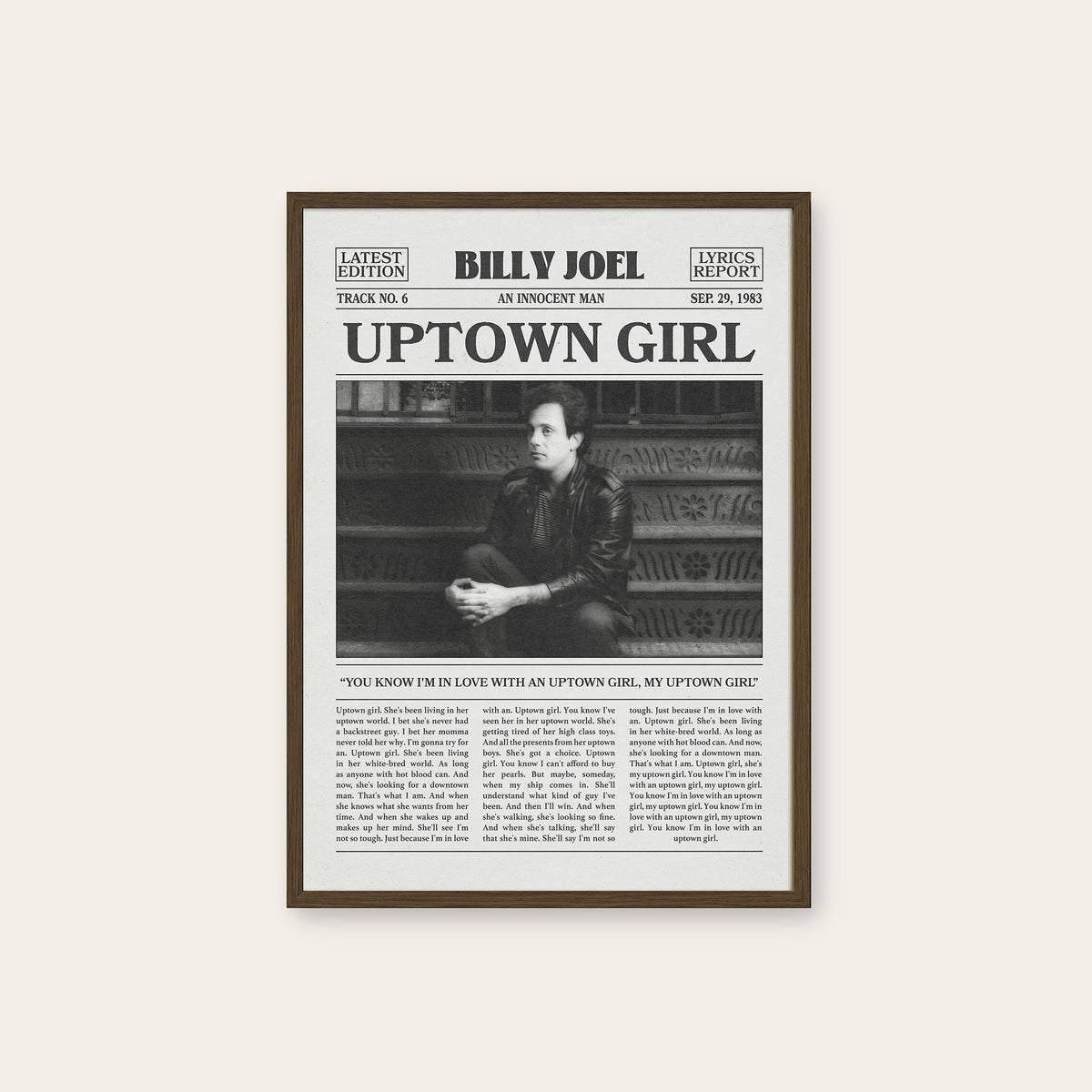 Billy Joel Uptown Girl newspaper poster — dark wood frame